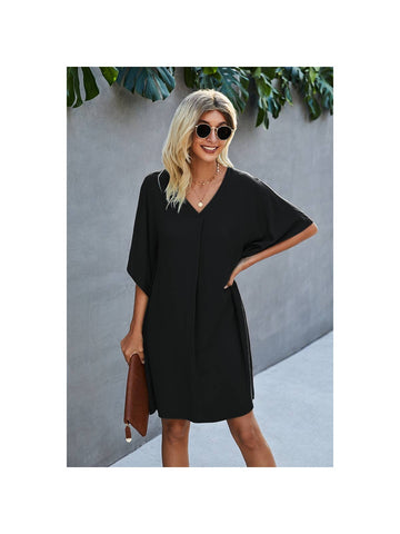 V Neck Solid Short Sleeve Dress