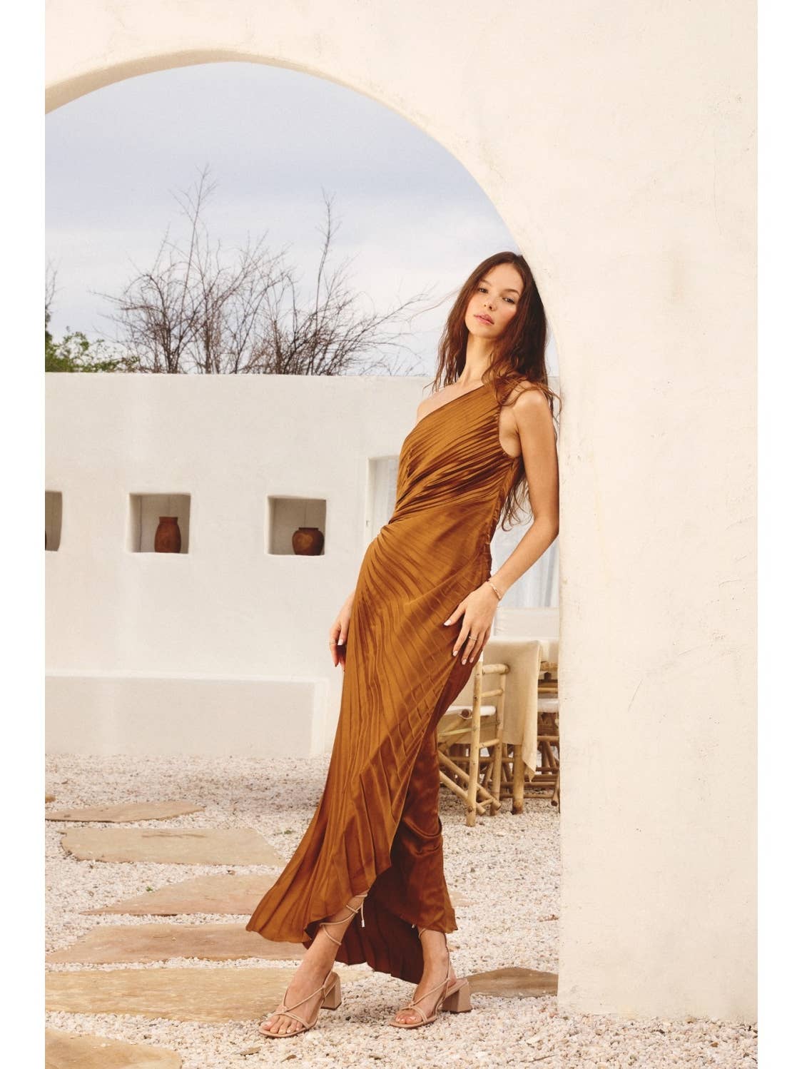 Dark Bronze Pleated Halter Dress