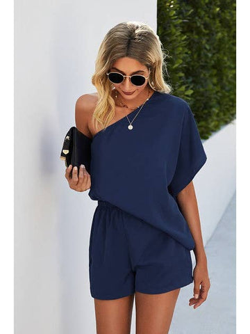 One Shoulder Solid Drawstring Romper