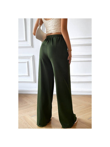 Straight Leg Elastic Waist Belt Solid Casul Pant