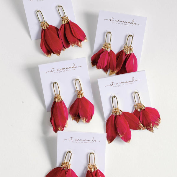 Garnet Gold Dipped Feather Statement Earrings