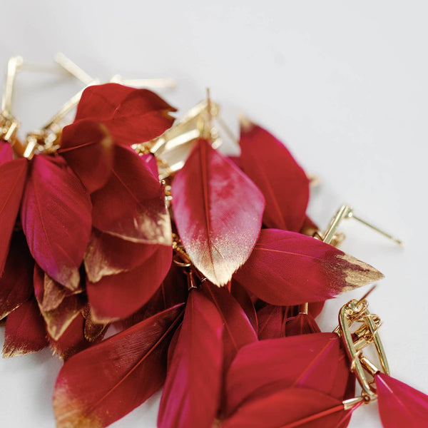 Garnet Gold Dipped Feather Statement Earrings