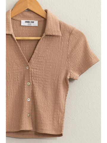 Tan Crinkle Knit Button Down Top