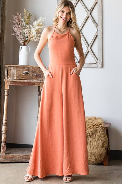 Solid Open Back Wide Leg Jumpsuit