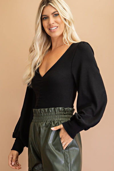 V- Neck Balloon Sleeve Bodysuit Top