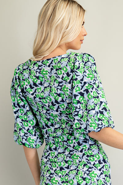 Green and Blue Floral Top with Puff Sleeve